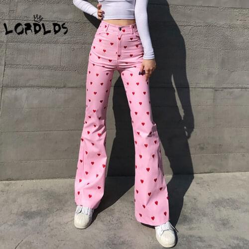 LORDLDS Women Pink Flare Bottoms Pants Korean Style Heart Print High Waist Fashion Streetwear E Girl Aesthetic Trousers Women