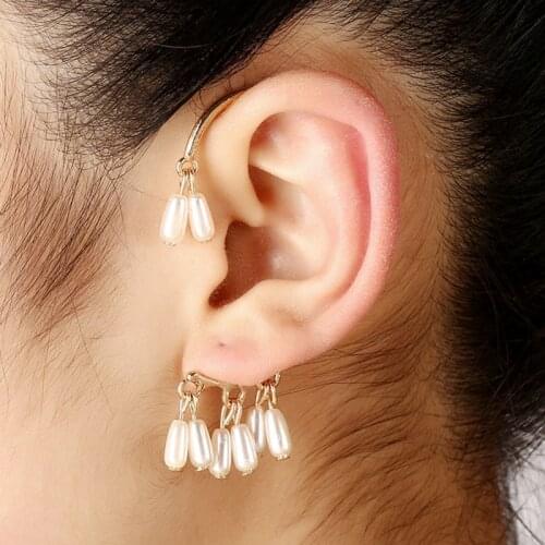 MOGAKU New Style Pearls Tassels Clip Earrings for Women Fashion Ear Cuff Hanging Clips No Piercing Earrings Accessories Jewelry