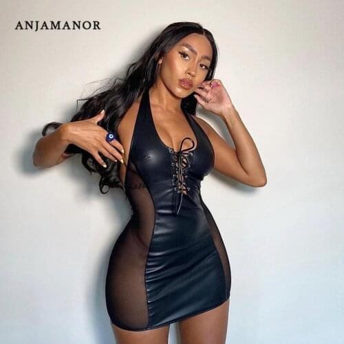 ANJAMANOR Sexy Patchwork Mesh PU Leather Black Dresses for Women 2021 Clubwear Backless Halter Bodycon Mini Dress D85-CZ12