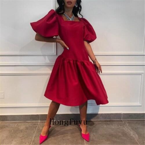 فساتين السهرة Bubble Short Sleeve Red Dress Square Neck A-line Medium and Long Prom Dress robe de soirée de mariage