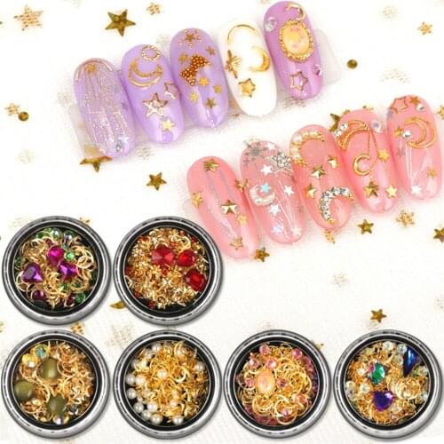 1 Box 3d Nail Decoration Crystal Nail Art Accessories Mixed Decorations Hollow Moon Rivets Stars Shape Metal Studs 3d Nail Decor