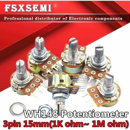 100pcs WH148 B1K B2K B5K B10K B20K B50K B100K B250K B500K B1M Potentiometer 3pin 15mm 1K 2K 5K 10K 20K 50K 100K 250K 500K 1M