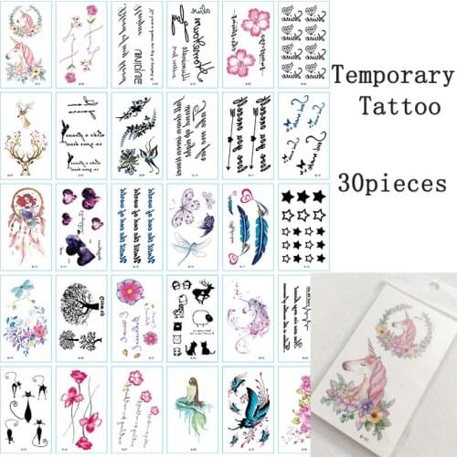 30pcs Temporary Tatoo Sticker English Letter Waterproof Fake Tattoo Animal Flowers Butterfly Design Body Art Tattoos Man Woman