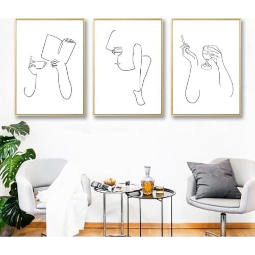 AM Coffee PM Wine Abstract Line Art Prints Black White Minimalist Nordic Poster Coffee Wall Art Canvas Painting Bar Pub Decor