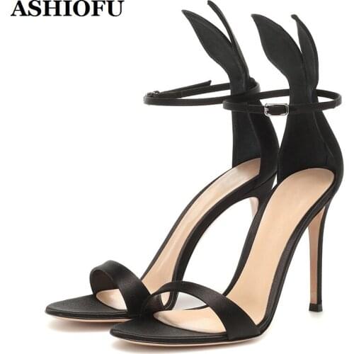 ASHIOFU Handmade New Stiletto High Heel Sandals Sexy Club Party Summer Shoes Black Faux Evening Fashion Sandals Shoes MH1368