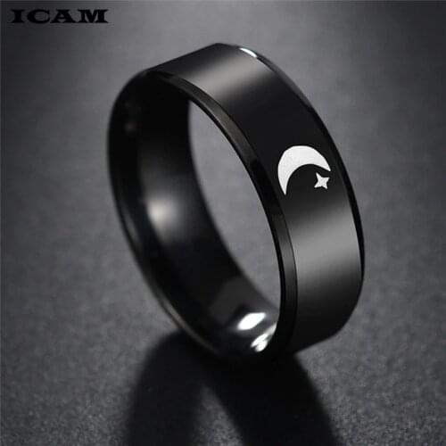 ICAM Black Titanium Stainless Steel Ring Moon Star Islam Religious Couples Rings Lovers Jewelry