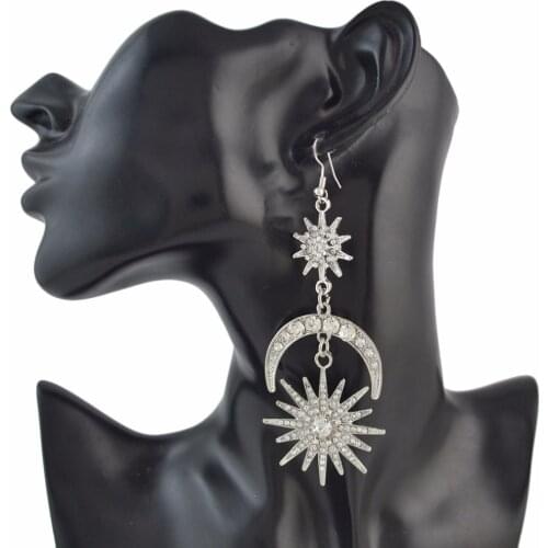 Exquisite Gold Silver Color Crystal Moon Star Long Drop Earrings for Women Lady Cocktail Party Statement Jewelry oorbellen