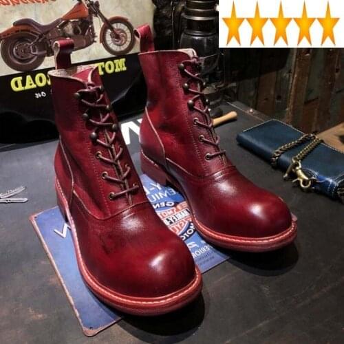 Short Genuine Leather Handmade Motorcycle Mens Red Wine Lace Up Round Toe Vintage High Top Shoes Autumn Equestrian Boots