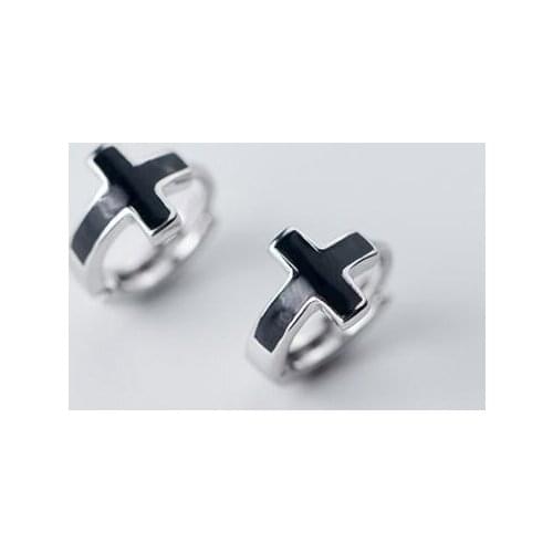 SMALL 8MM Womens Mens Black Enamel ear-bone Cross Huggie Hoop Earrings 100% Real. Sterling Silver 925 Fine Jewelry gtle1952