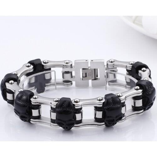 Punk 23 cm Long Skull Bracelets For Men Stainless Steel Shiny Skull Charm Link Chain Bracelets Mens Gothic Jewelry