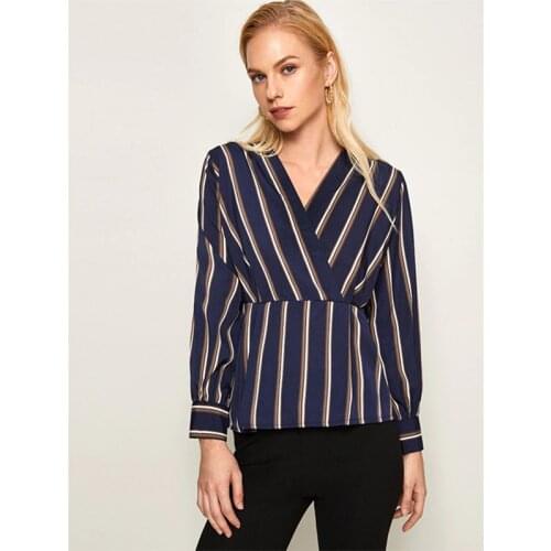 Neatie kiddie Fashion Stripe Lady Blouse for Women Long Sleeve V-neck Shirt Female OL Clothes