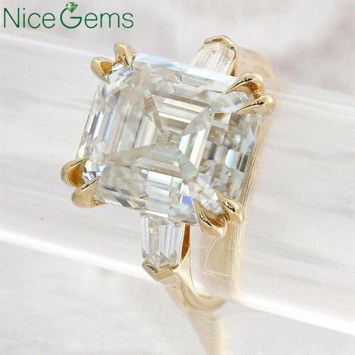 NiceGems 14K Yellow Gold Three Stone Ring Asscher Cut Moissanite Engagement ring 7CTW DF Color Double 4 Claw prong ring for wome