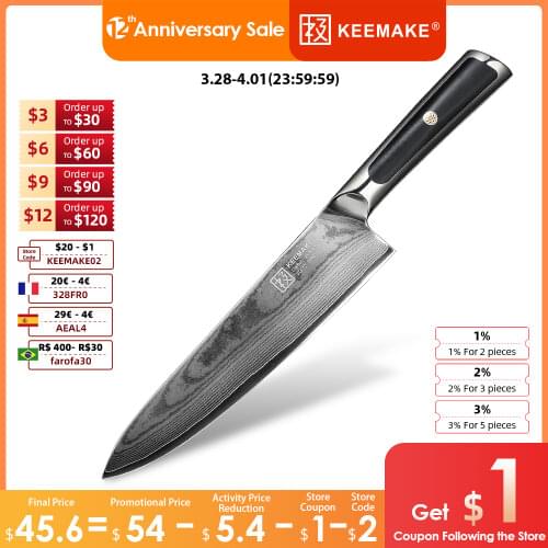 KEEMAKE Professional 8" Chef Knife Damascus Japanese VG10 Core Steel Blade Kitchen Knives G10 Handle Sharp Meat Slicer Cutting