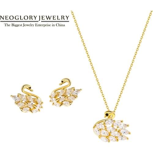 NEOGLORY Jewelry Cubic Zircon Golden Swan Necklace&Earrings For Women Shinning Simple Animal Jewelry Sets For Wedding Party Love