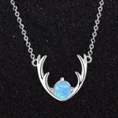 Cute Antler Pendant Necklace Fashion Blue Imitation Fire Opal Necklace Women Accessories Jewelry Party Lover Gift
