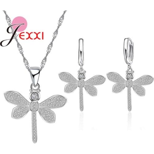 Birthday Day Gift 925 Sterling Silver Top Quality Cubic Zircon Dragonfly Necklace Earrings Jewelry Set for Women Bijoux