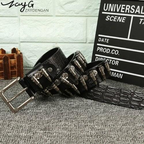 ZAYG Punk Hip Hop Rock Military Style Men and Womens Metal Rivet Bullet Inlaid Belt Personalized Crocodile Pattern Cowhide Belt