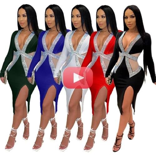 Sexy Sparkly Rhinestone Bodycon Bandage Dresses for Women Mesh Patchwork Elegant Cut Out Celebrity Runway Night Party Dress Robe