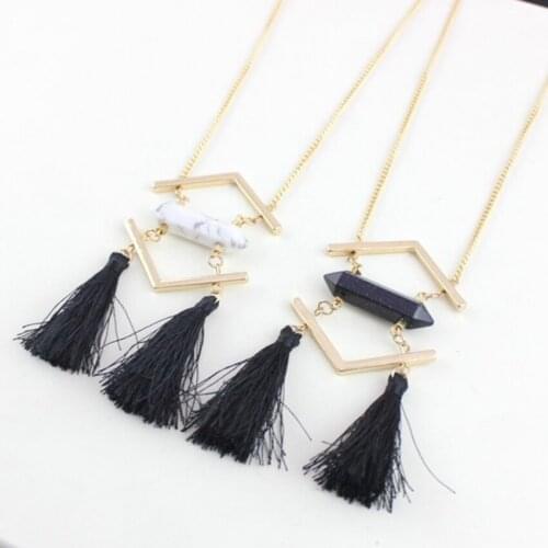Light Yellow Gold Color Alloy Hexagon Prism Blue Sand Stone Pendant Link Chain Necklace with Tassels Jewelry