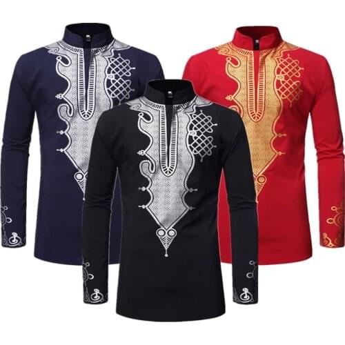 Traditional African Style Man Dashiki Long Slleve Stand Collar Shirt Trend Bazin Riche Dress Printed Africa Chief Clothing