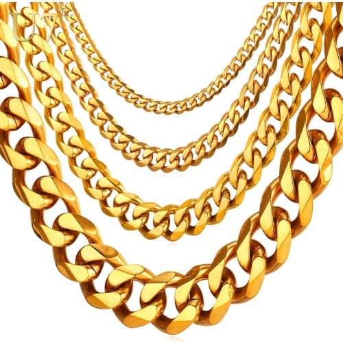 U7 Miami Cuban Chain in Stainless Black Gold Color Necklace for Men and Women Width 3-12mm Length 14 Inch-30 Inch N001