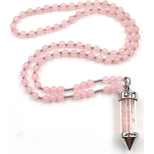 FYJS Unique Silver Plated Wish Bottle Rose Pink Quartz Pendant Round Beads Chain Necklace Aquamarines Statement Jewelry