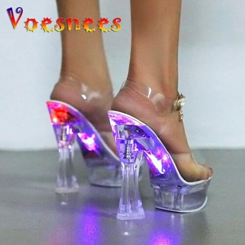 Voesnees Sexy Club Women Sandals Wedding Shoes Night Club Light Crystal Bottom Waterproof Female Shoes Steel Tube Dancing Shoes