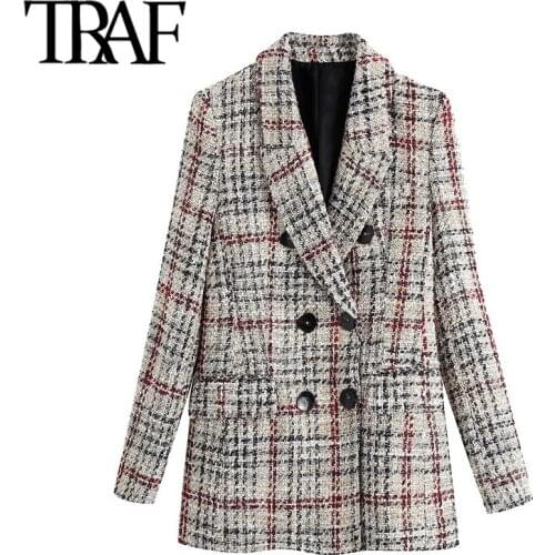 TRAF Women Fashion Double Breasted Tweed Check Blazers Coat Vintage Long Sleeve Pockets Female Outerwear Chic Tops