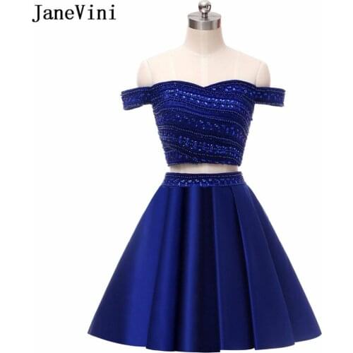JaneVini 2018 Two Piece Dress Royal Blue Bridesmaid Dresses Off The Shoulder Satin Beaded Crystal A Line Short Homecoming Dress