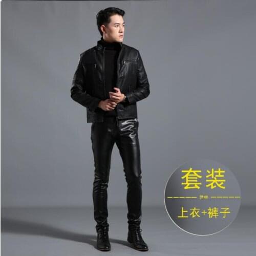 Winter leather jacket men stand collar motorcycle faux leather coat and leather pants 1 set jaqueta de couro masculino black