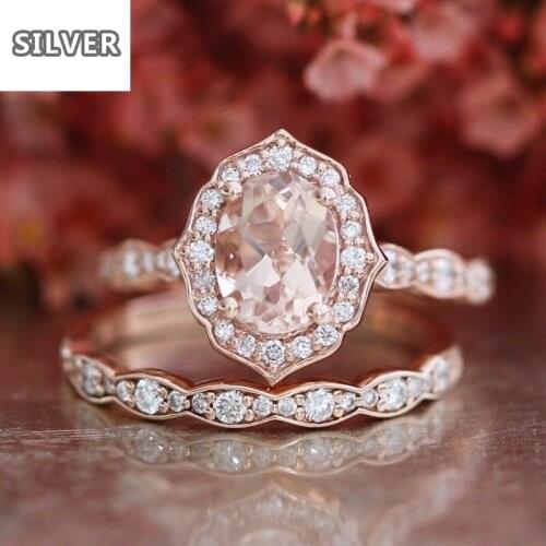 2 colors Austrian Oval Crystal CZ Rings Set For Women Wedding Trendy Silver Rose Gold Jewelry Finger Fashion Love gifts Ring