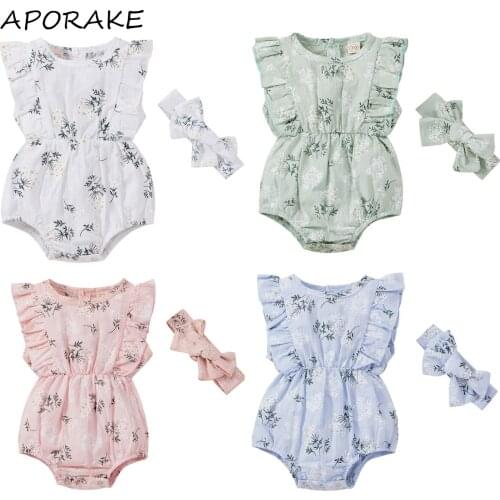 2021 0-24M Cute Toddler Baby Girl Romper 4 Colors Floral Print Ruffle Sleeveless O Neck Tunic Summer Outfits Playsuit