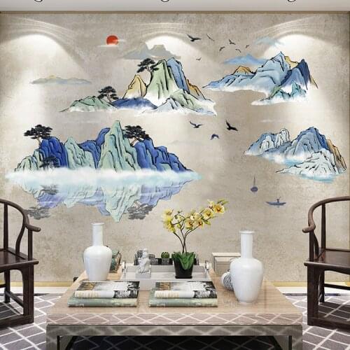 3D Ink Painting Landscape Wall Stickers Living Room Home Decoration Teenager Aesthetic Chinese Style Art Wall Decals Decor