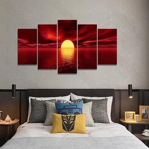 5Pcs Hd Printed Canvas Painting Poster Art Natural Seascape Photograph Yellow Round Sun Red Sunset for Home Room Wall Decorati