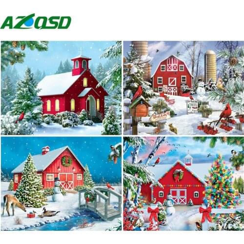 AZQSD DIY Painting By Number Canvas Kits Christmas House Home Decor Unframe Pictures By Numbers Winter Landscape Unique Gift