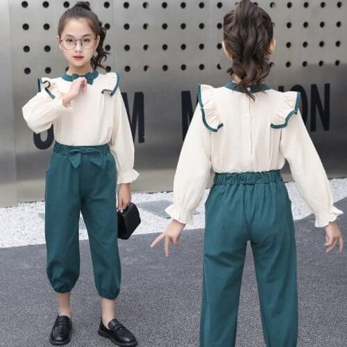 Teen Girls Clothes Set Children Autumn Bow Beige Flying Sleeve T-Shirt+Dark Green Pant 2Pcs Kids Clothing Suits 5 6 8 10 12 Year