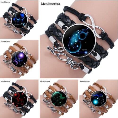 Mendittorosa 12 Constellations Glass Cabochon Maxi Multilayer Black/Brown Leather Bracelet Bangle Jewelry For Kids