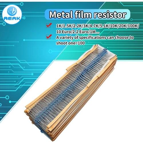 100PCS DIY Metal film resistor 1/4W series 1R~2.2M 1% resistance 10K 22K 47K 100K 10 220 1K5 100R 220R 1K 1.5K 2.2K 4.7K 4K7 ohm