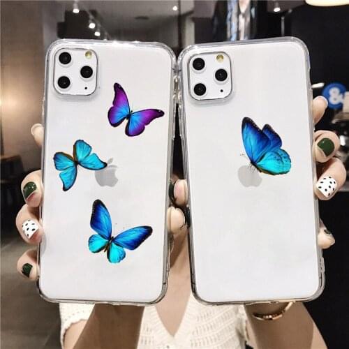Cute blue butterfly clear phone case for iphone 6s 7 8 plus SE2020 12 11 Pro Max cover TPU soft for iphone XR XS MAX X fundas