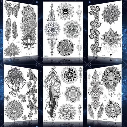 Fashion India Lace Waterproof Temporary Henna Mandala Tattoos Stickers For Women Mehndi Chain Whale Black Tattoo Flora Art Arm
