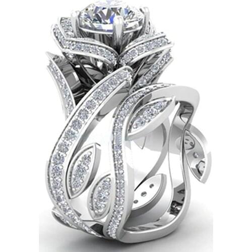 Trendy Temperament Womens Luxury White Zircon Hollow Rose Flower Wedding Party Nightclub Finger Ring Size 6-10 Christmas gift