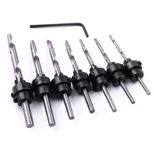 Fixmee 7x Tapered Countersink Drill Bit Set w/ Adjustable Depth Stop Collars 1/8-7/32