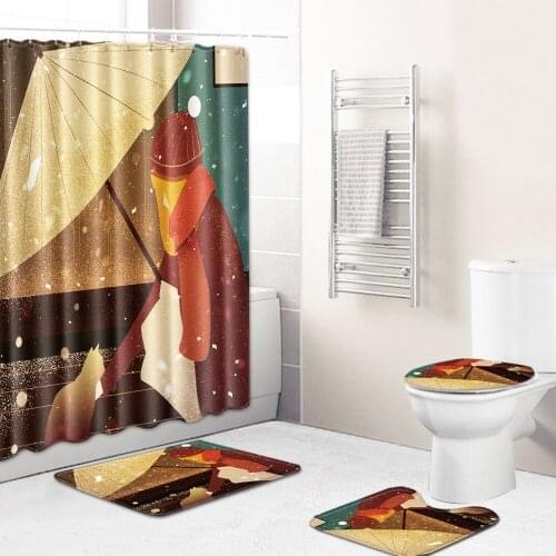Modern Bath Mat Set with Shower Curtain Anti Slip Toilet Pedestal Rug Bathroom Carpet Shower Room Foot Mat WC Decor Bath Mat Set