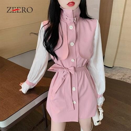 Casual Sweet Pink Women Dress Fall Patchwork Chiffon Long Flare Sleeve Sashes Temperament Korean Ladies Gentleness Mini Dresses