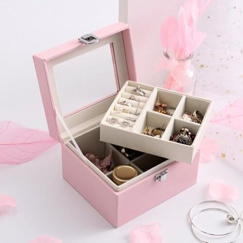 Juelee Dobule-layer Storage Box Transparent Open-cover Jewelry Box Multi-function Leather Jewelry Box for Woman