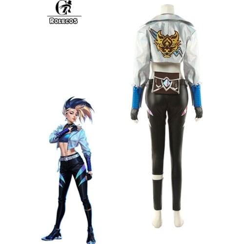 ROLECOS KDA Akali Cosplay Costume LOL ALL OUT Cosplay Game Costume Akali Outfit Halloween Fashion Jacket Leather Pants Set
