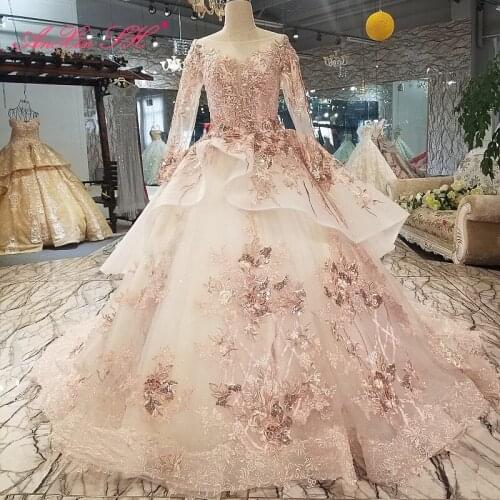 AnXin SH Luxury princess pink flower lace beading crystal illusion o neck ruffles long sleeve wedding dress 100% real photo