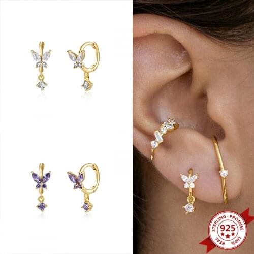 925 Sterling Silver Crystal Dangle Drop Earrings for Women Butterfly Huggie Hoop Earrings Jewelry Girls Wedding Party Gift
