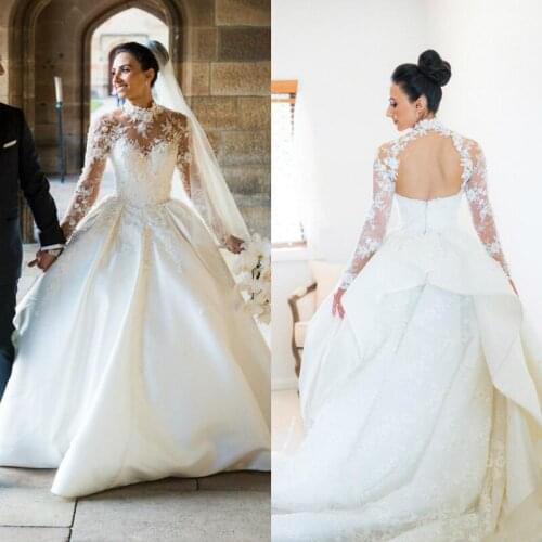 Vestidos de noiva High Neck Wedding Dresses 2021 Princess Ball Gown Long Sleeve Backless Royal Design Bridal Gowns Plus Size