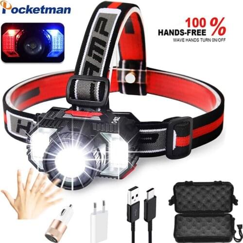 80000LM High Lumen LED Headlamp IR Sensor LED Headlight USB Rechargeable Head Lamp With Built-in Battery COB Headlamps Camping